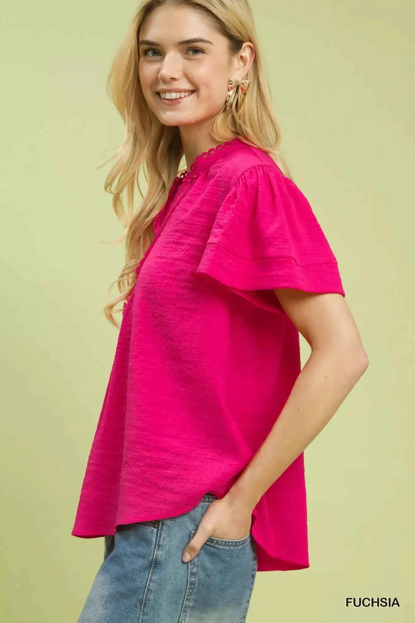 Sarah Express Women's Seersucker Lace Trim Top - Short Sleeve V-Neck Blouse