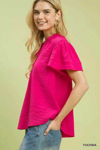 Sarah Express Women's Seersucker Lace Trim Top - Short Sleeve V-Neck Blouse