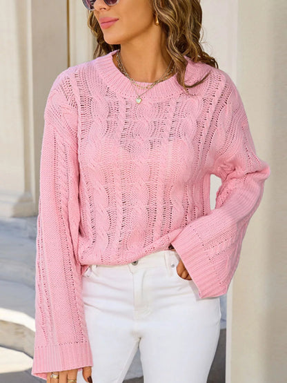 Sarah Express Women's Cable Knit Sweater - Long Sleeve Openwork Pullover