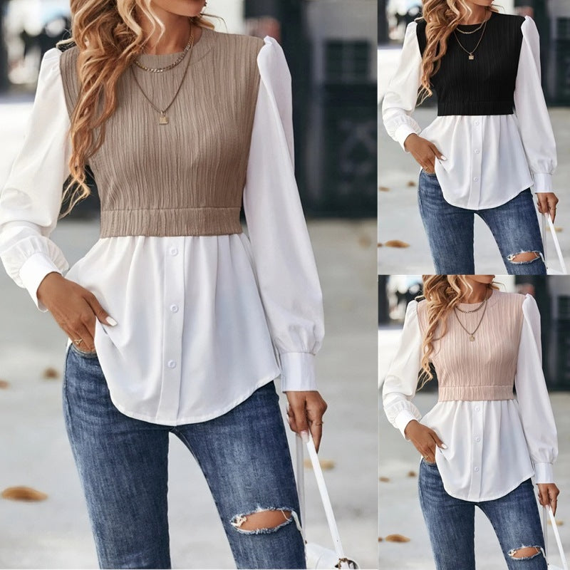 Sarah Express Wavy Stripe Blouse Long Sleeve Stitching Detail Pullover Top
