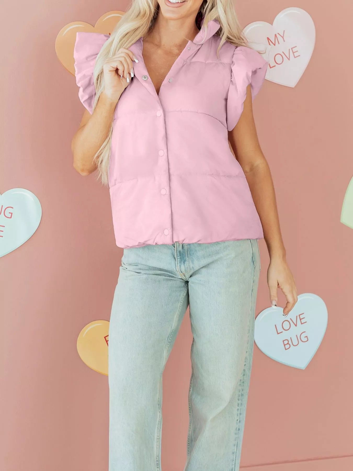 Sarah Express Women's Stand Neck Flutter Sleeve Snap Button Puffer Vest