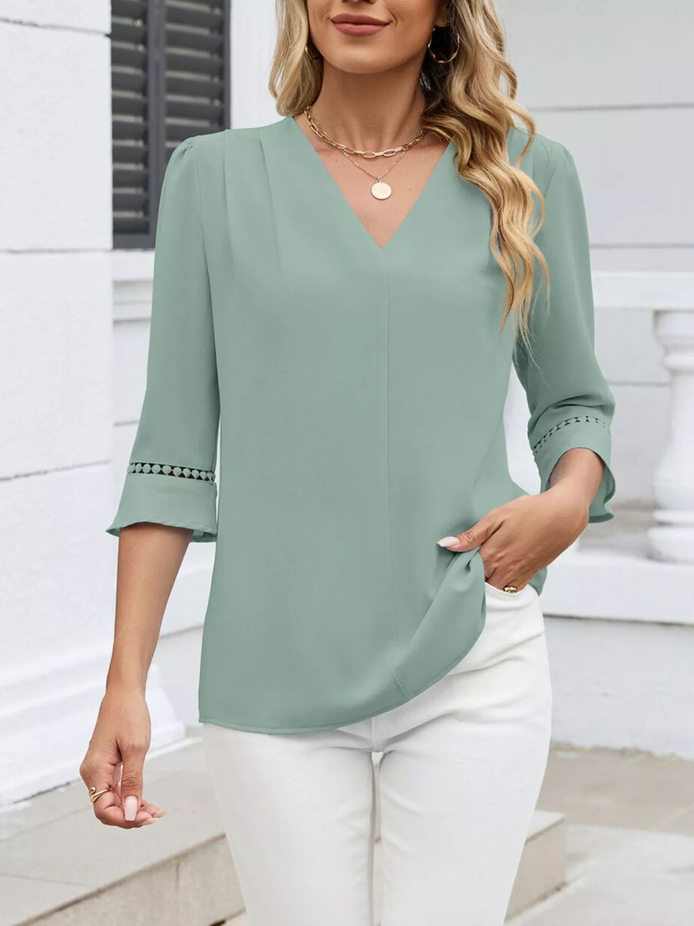 Sarah Express Women's V-Neck 3/4 Sleeve Blouse with Lace Detail