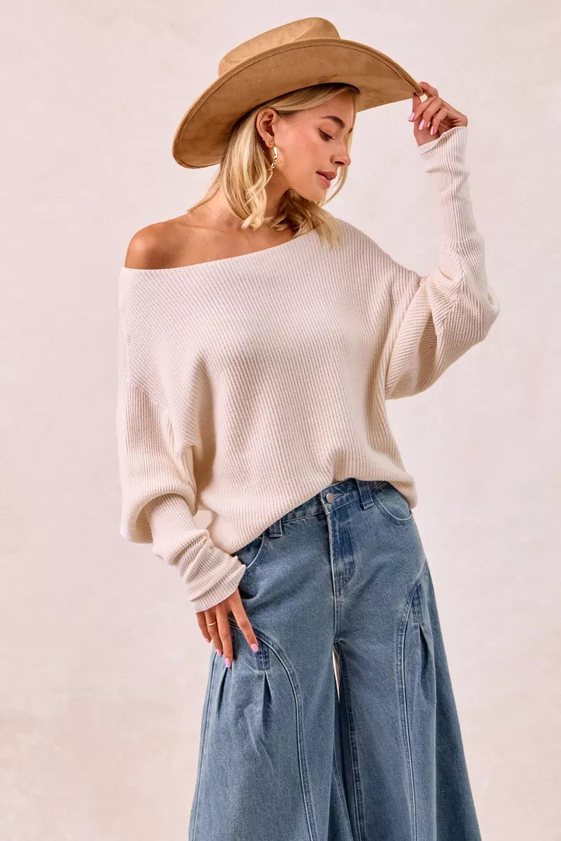 Sarah Express Women's Waffle Knit Off Shoulder Top - Ribbed Stretch Long Sleeve