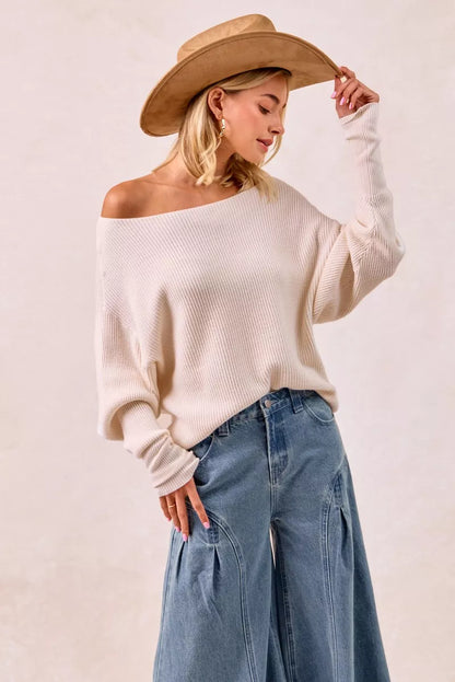 Sarah Express Women's Waffle Knit Off Shoulder Top - Ribbed Stretch Long Sleeve