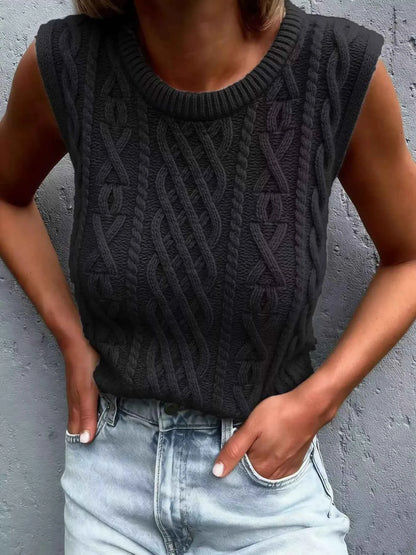 Sarah Express Women's Cable Knit Sweater Vest - Ribbed Sleeveless Knit Top Black