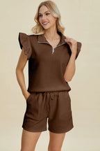 Sarah Express Women’s Plus Size Textured Flounce Sleeve Top and Shorts Set
