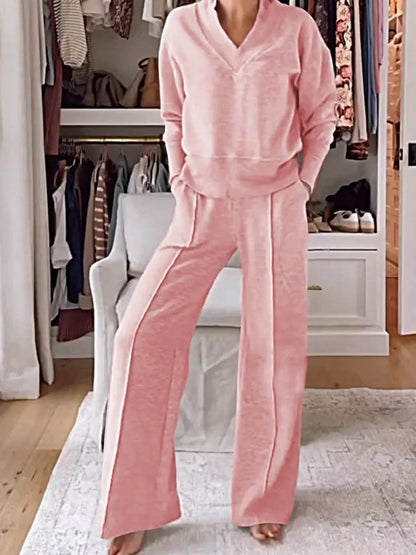 Sarah Express Women's Cozy V-Neck Top and Pants Lounge Set Pink