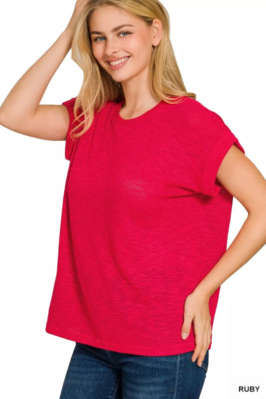 Sarah Express Women's Hacci Slub Rolled Up Sleeve Tee