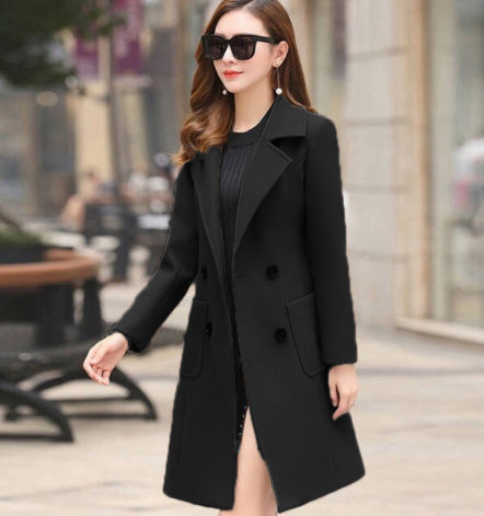 Sarah Express Women's Vintage Windbreaker Knee Length Tweed Coat Double Breasted Long Sleeve