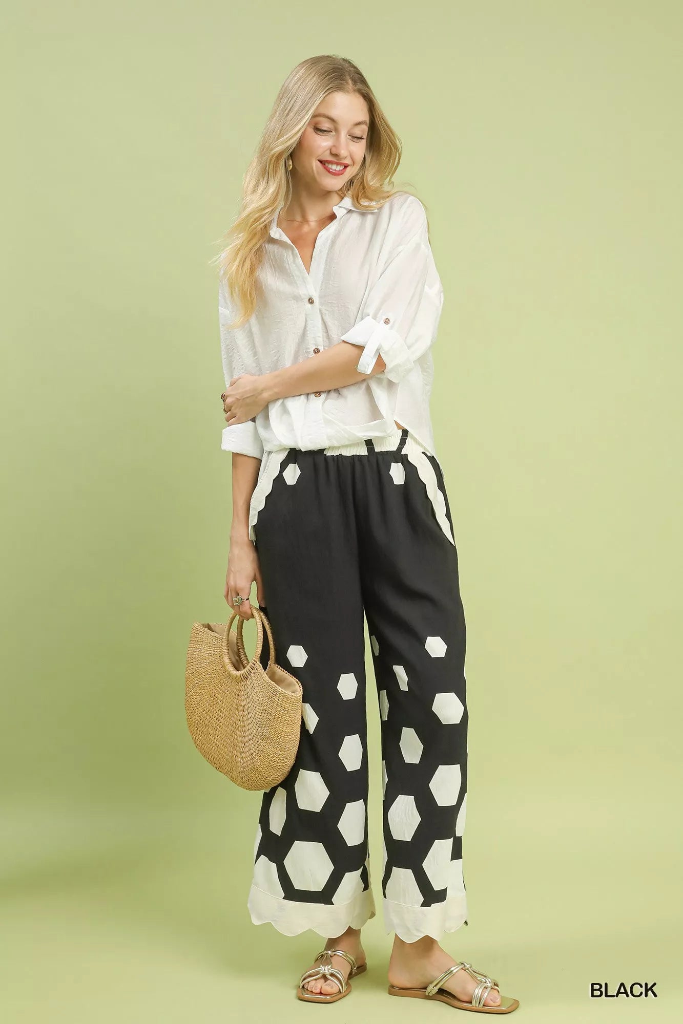 Sarah Express Women's Hexagon Print Wide Leg Pants with Scalloped Hem
