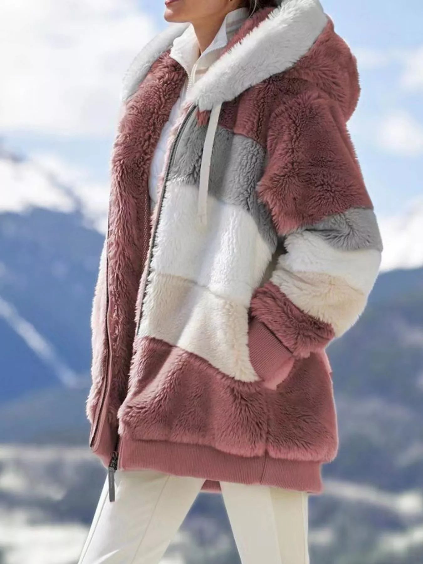 Sarah Express Women's Fuzzy Zip Up Hooded Outerwear Plus Size