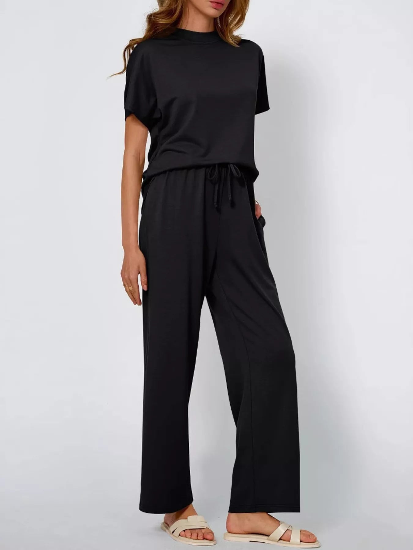 Sarah Express Women's Round Neck Short Sleeve Top and Pants Set - Plus Size Black