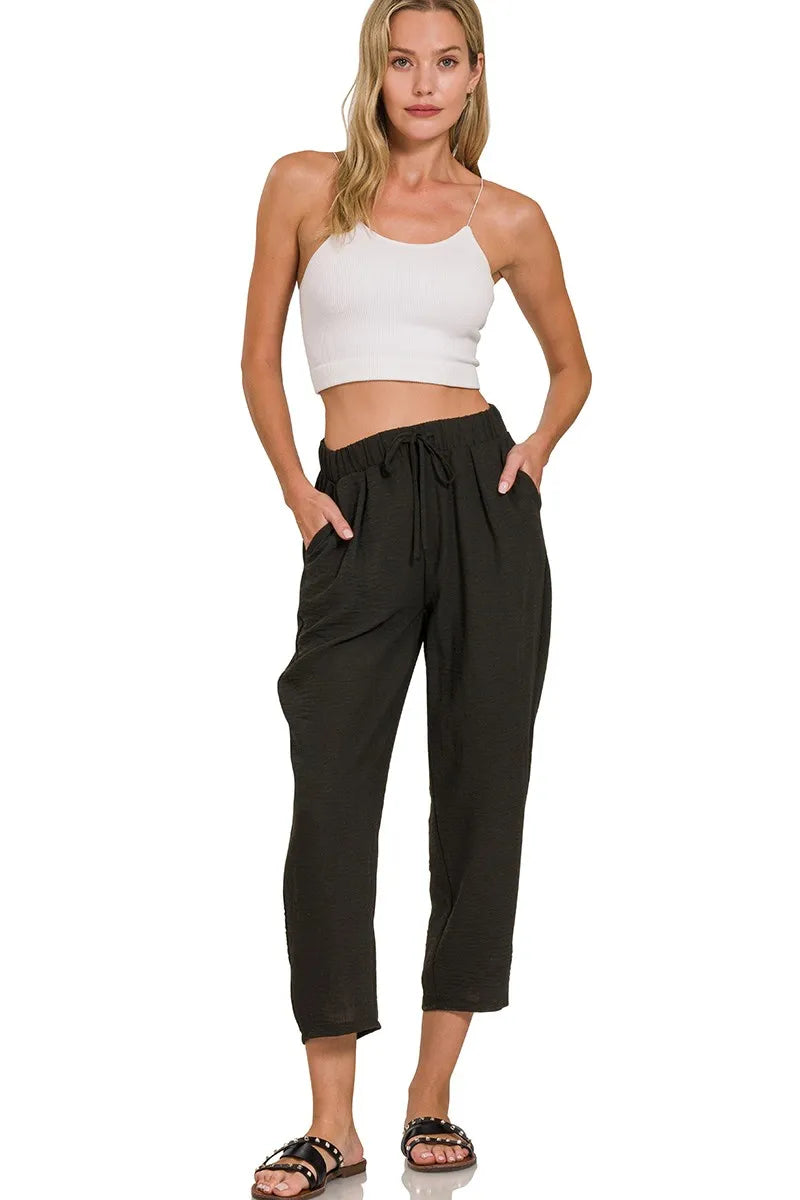 Sarah Express Women's Woven Crepe Elastic Band Waist Pants BLACK