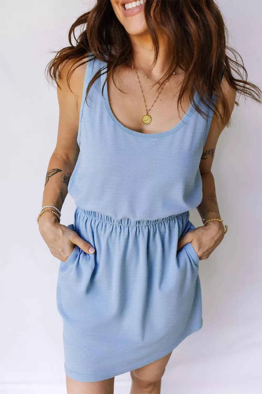 Mineral Wash Elastic Waist Tank Dress with Side Pockets