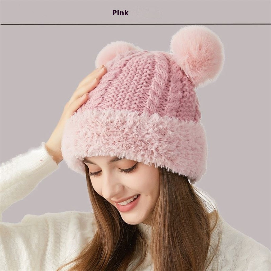 Sarah Express Women's Double Pom-Pom Knitted Winter Hat Fur Ball Dome Crown Windproof