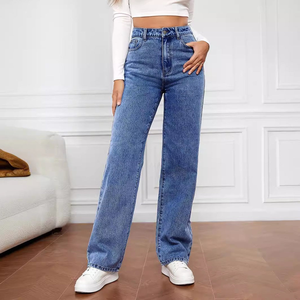 Sarah Express Women's Mid-Waist Straight Leg Jeans - Washed Cotton Denim S-5XL Available in 9 Colors