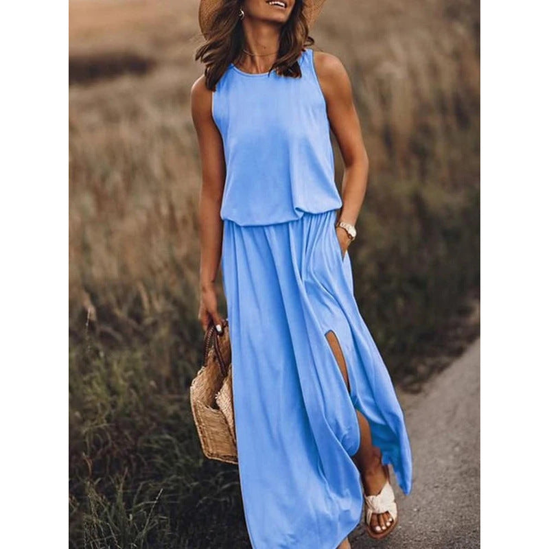 Sarah Express Women's Sleeveless Round Neck Dress with Side Split Solid Color