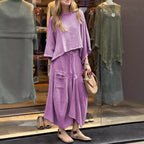 Sarah Express Women's Casual Solid Two Piece Set Loose Top Pants Outfit