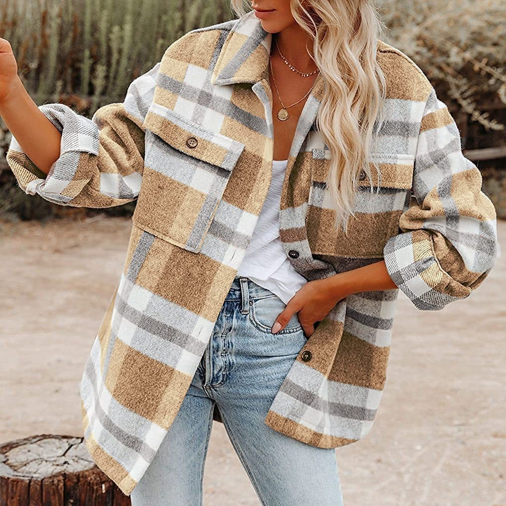 Sarah Express Women's Plaid Flannel Woolen Button-Up Shirt Urban Cardigan Style