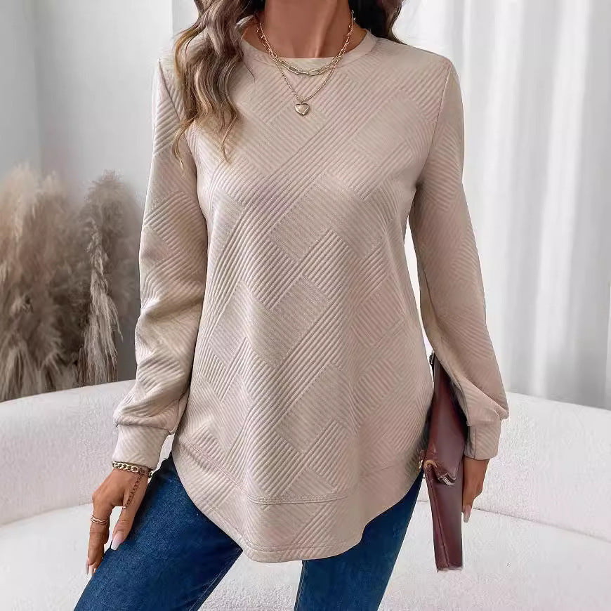 Sarah Express Women's Crew Neck Long Sleeve Casual Shirt Embossed Texture