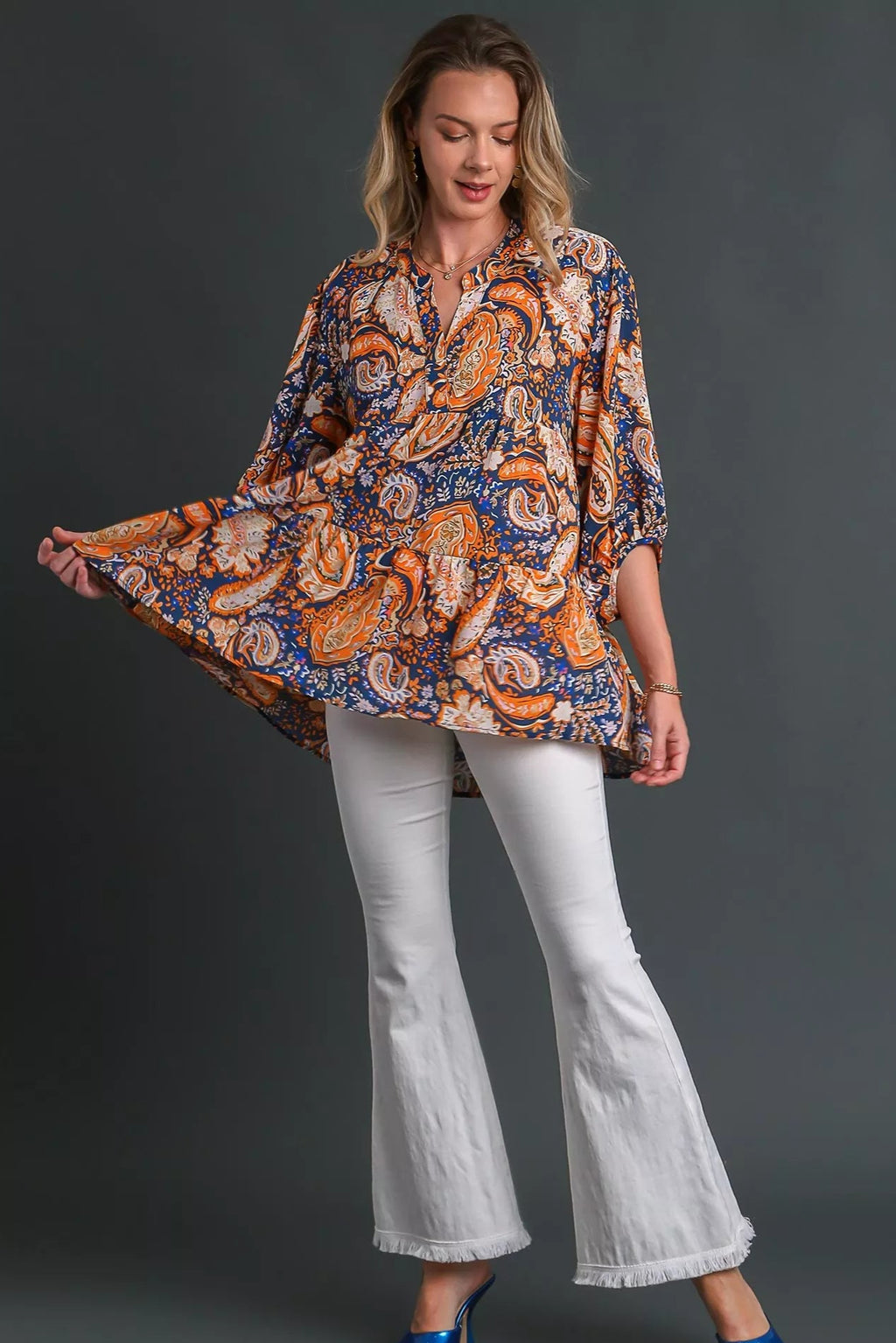 Sarah Express Women’s Paisley Boho Tunic Blouse with High-Low Hem