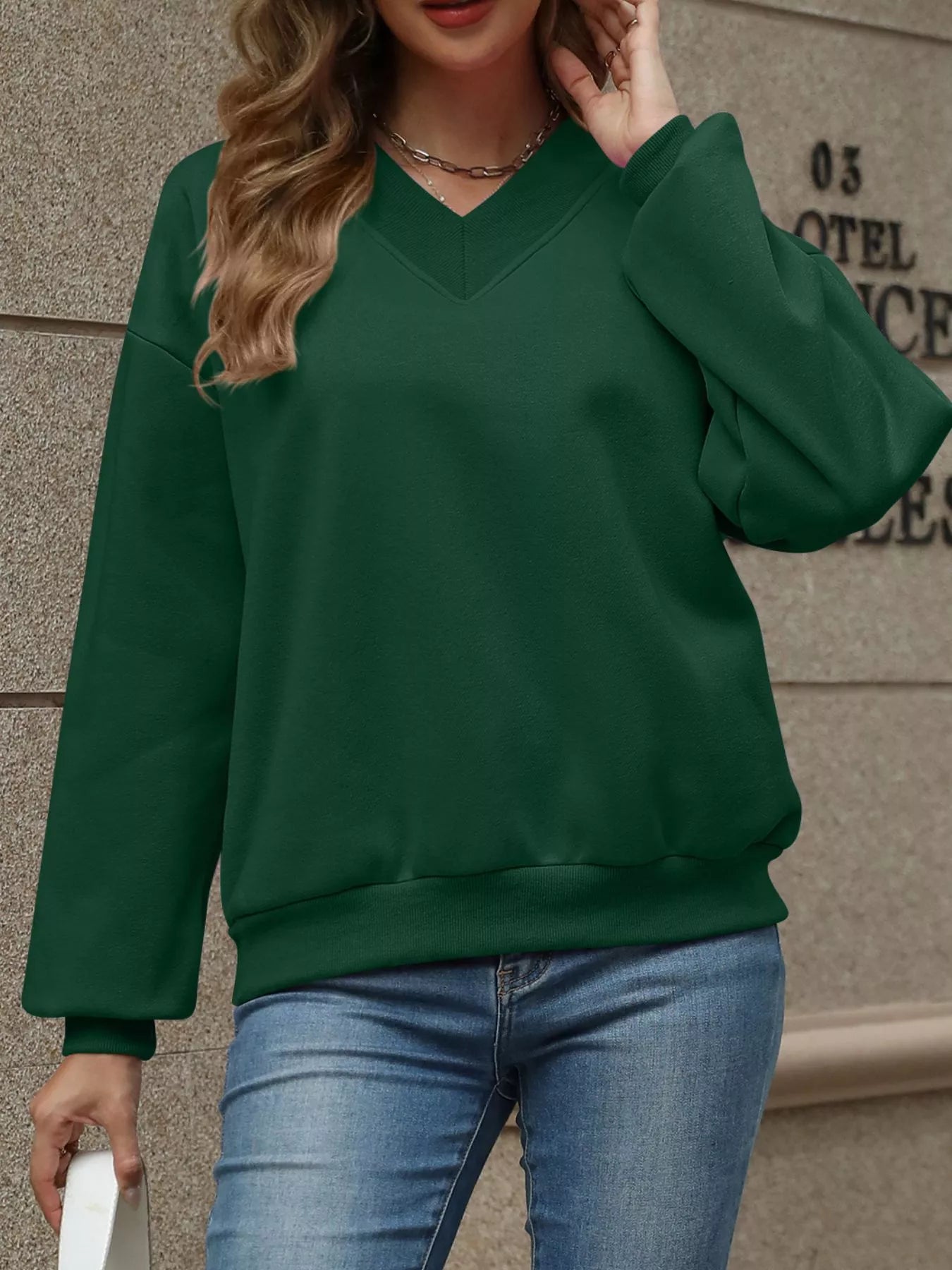 Sarah Express Women's V-Neck Solid Color Casual Sweatshirt