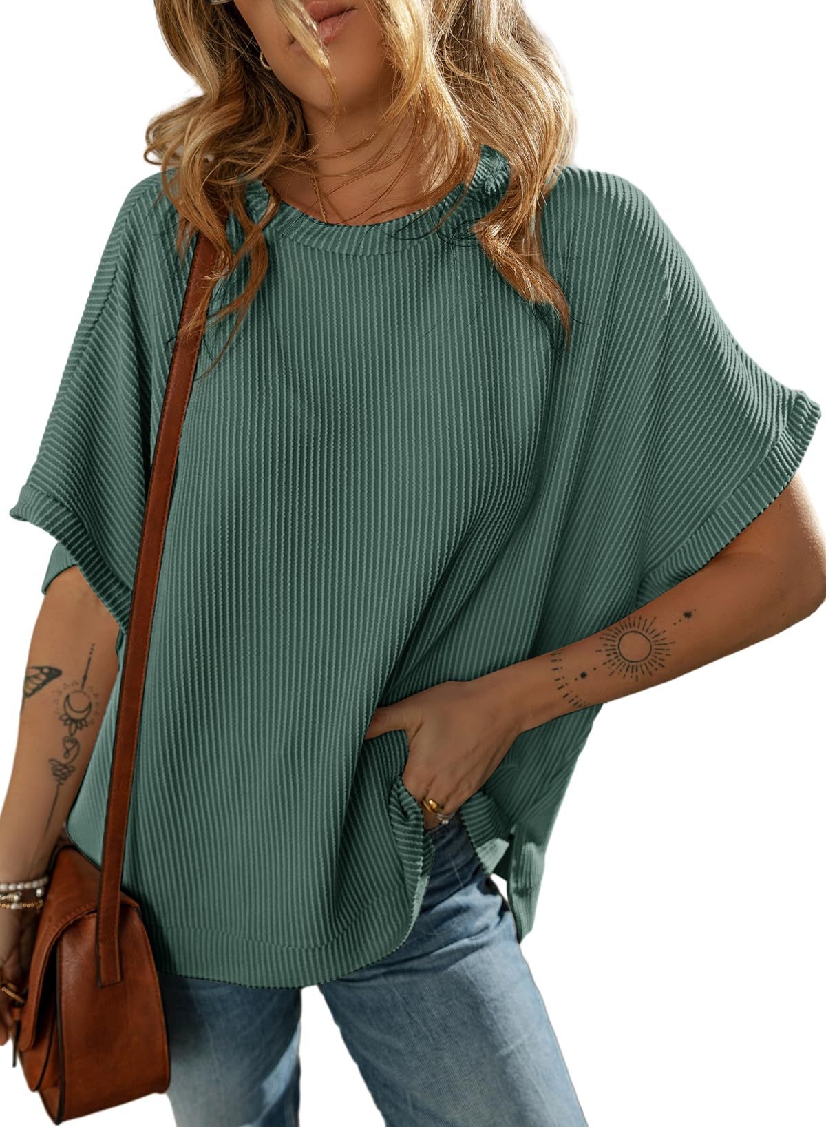 Sarah Express Solid Color Knitted T-Shirt Women's Half Sleeve Loose Casual Pullover Top