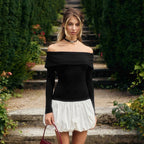 Sarah Express Off-Shoulder High Waist Dress Long Sleeve Contrast Stitching