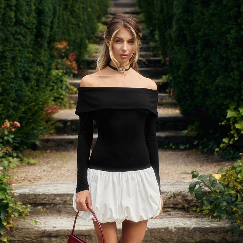 Sarah Express Off-Shoulder High Waist Dress Long Sleeve Contrast Stitching