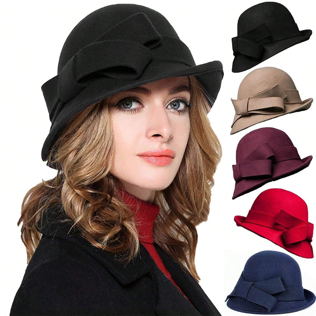 Sarah Express Women's French Style Retro Bowler Hat Dome Crown with Bow Accent Polyester