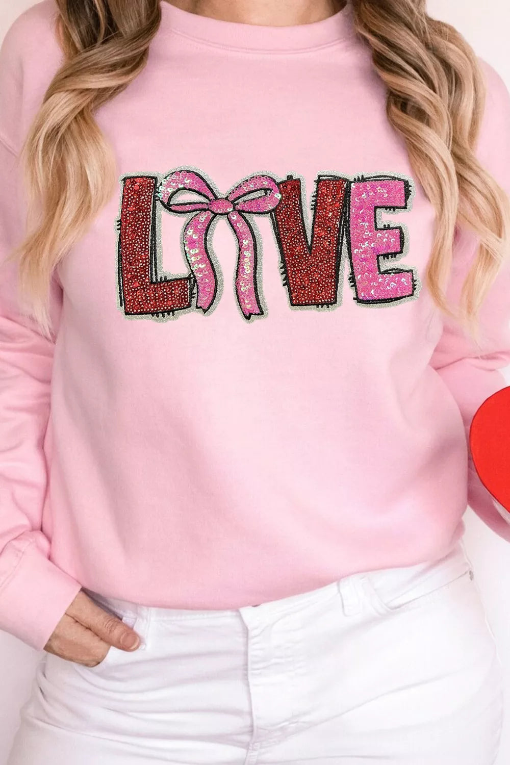 Sarah Express Bow Love Sequin Pattern Valentine Sweatshirt Blush Pink