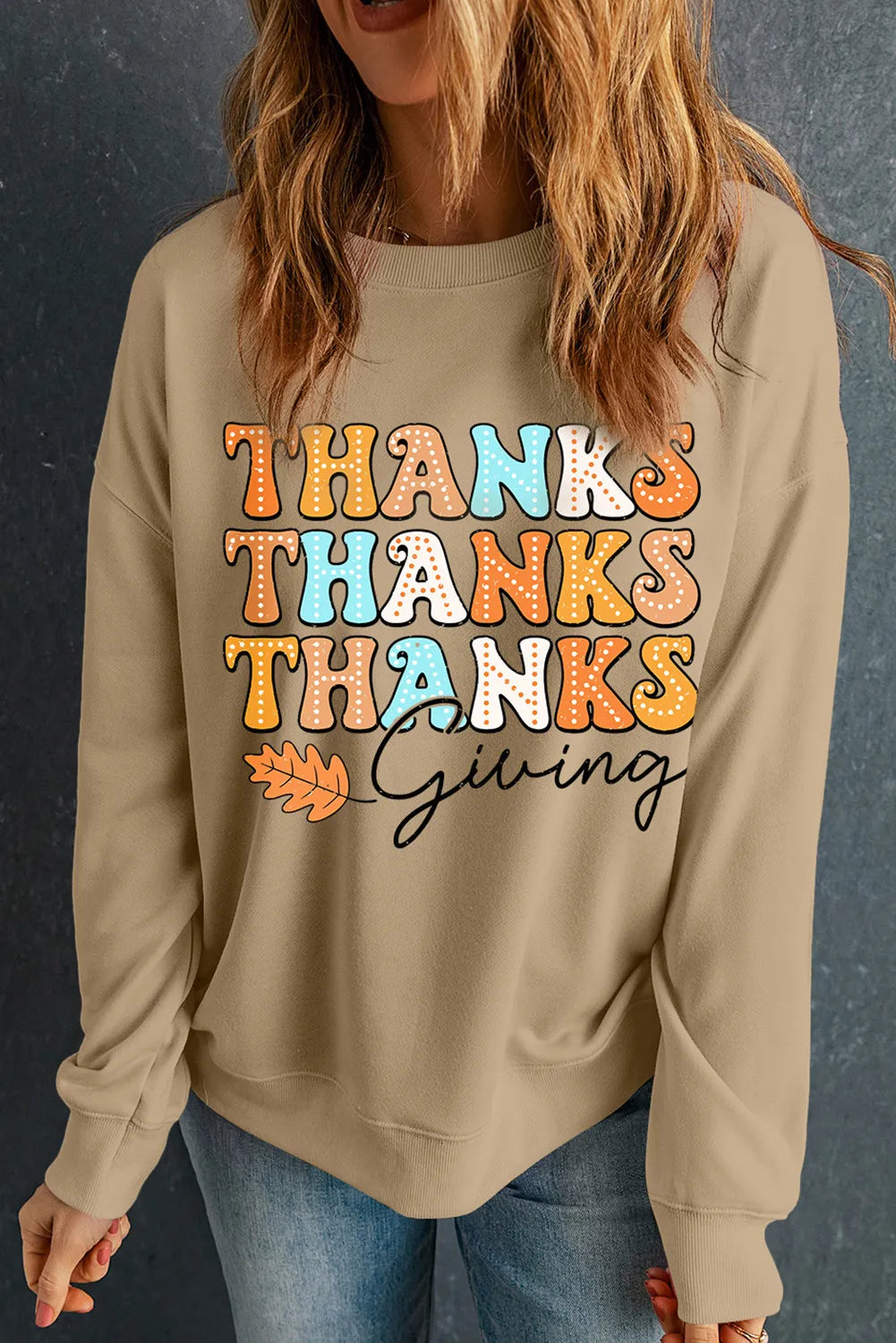 Sarah Express Women's THANKSGIVING Round Neck Dropped Shoulder Sweatshirt Khaki
