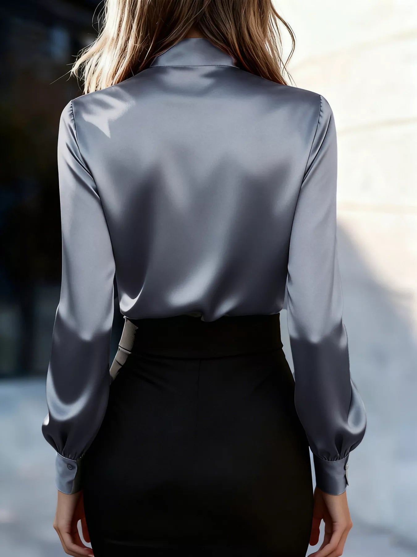 Sarah Express Women's Tie Neck Satin Long Sleeve Blouse