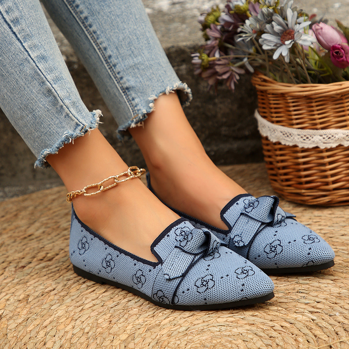 Sarah Express Bow-Tie Loafers | Breathable Mesh Slip-On Pointed Toe Flats Blue