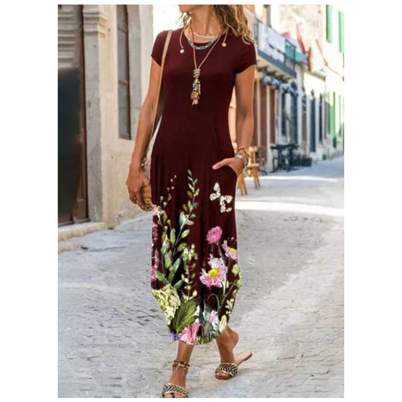 Sarah Express Women's Printed Pocket Dress Short Sleeve Round Neck Casual Summer Dress Wine Red