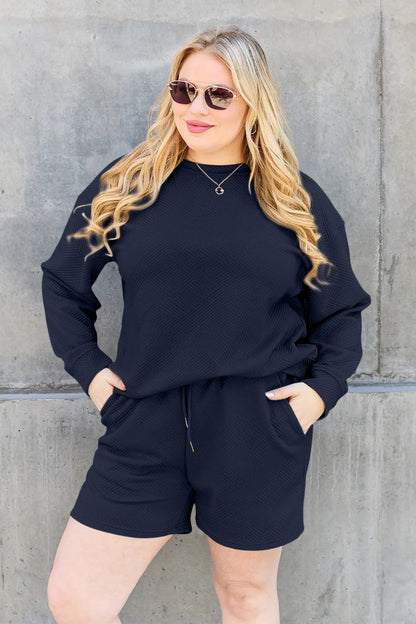 Sarah Express Women's Textured Long Sleeve Top and Drawstring Shorts Set