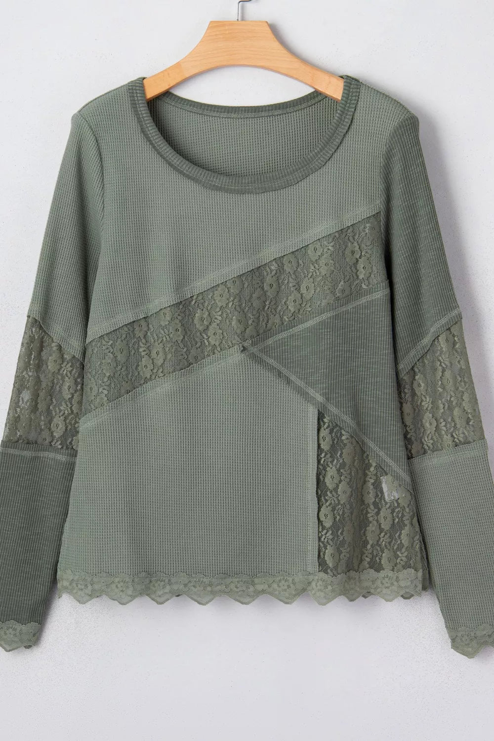 Sarah Express Women's Waffle Ribbed Lace Detail Long Sleeve Top