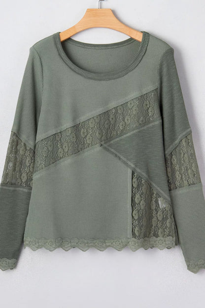 Sarah Express Women's Waffle Ribbed Lace Detail Long Sleeve Top