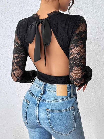 Sarah Express Women's Lace Long Sleeve Bodysuit - Elegant Tied Detail Top