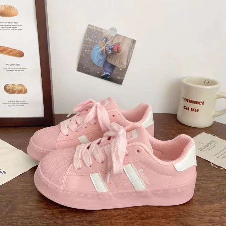 Sarah Express Women's Shell Toe Casual Sneakers | PU Leather Low-Top Lace-Up Pink