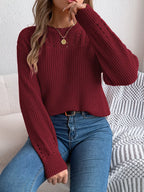 Sarah Express Women's Openwork Round Neck Long Sleeve Sweater Burgundy