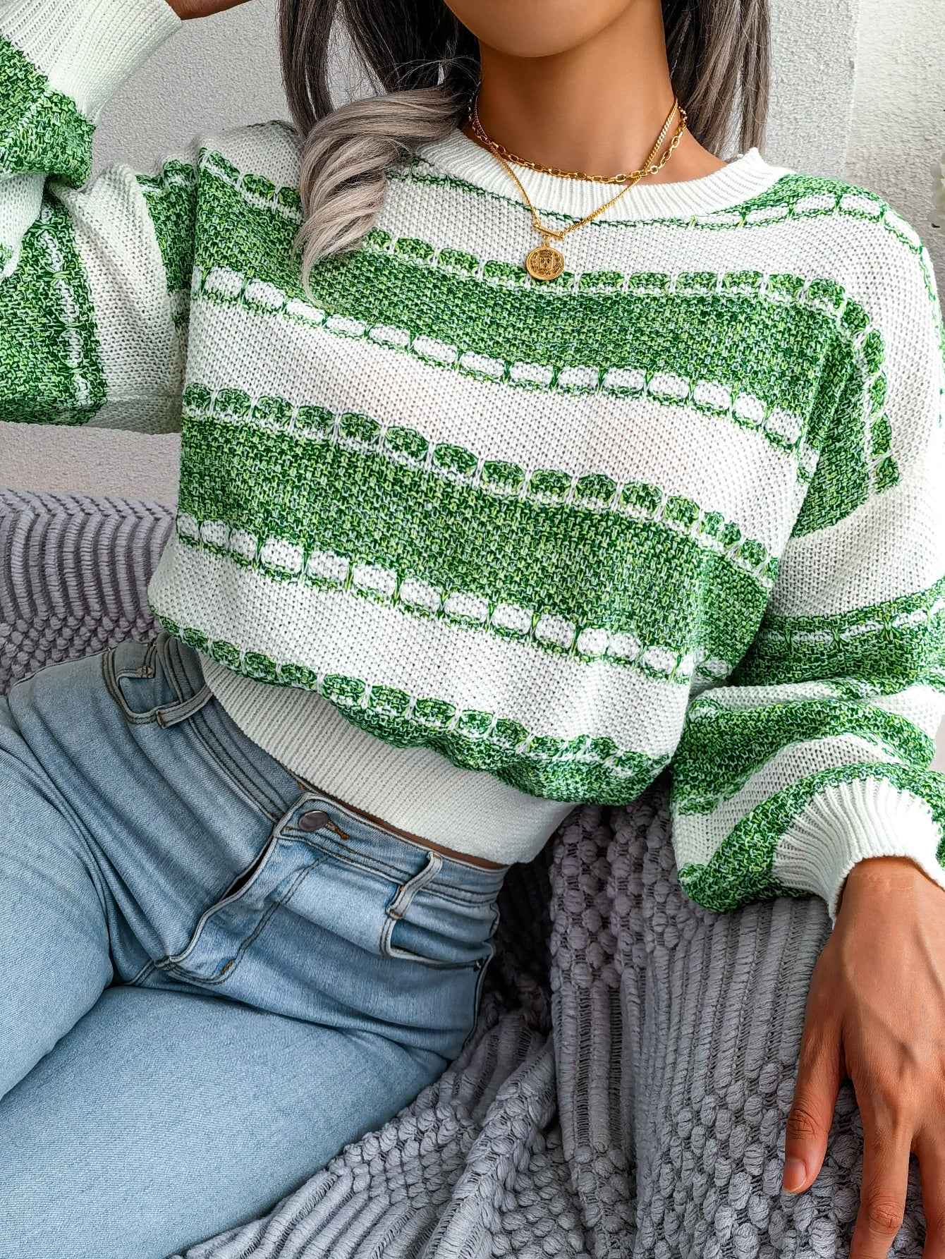 Sarah Express Women's Color Block Knit Sweater Long Sleeve Pullover