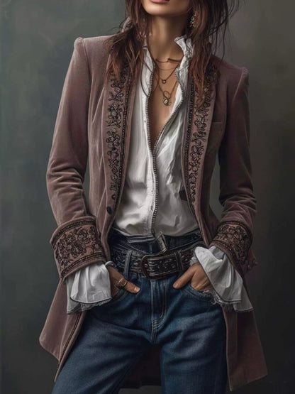 Sarah Express Women's Embroidered Velvet Jacket - Long Sleeve Outerwear Lotus Color