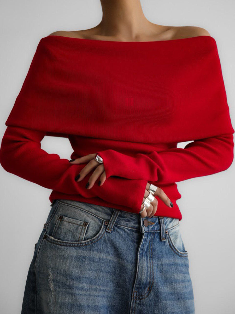 Sarah Express Women's Off-Shoulder Knitted Long Sleeve Top Slim Fit Pullover Sweater
