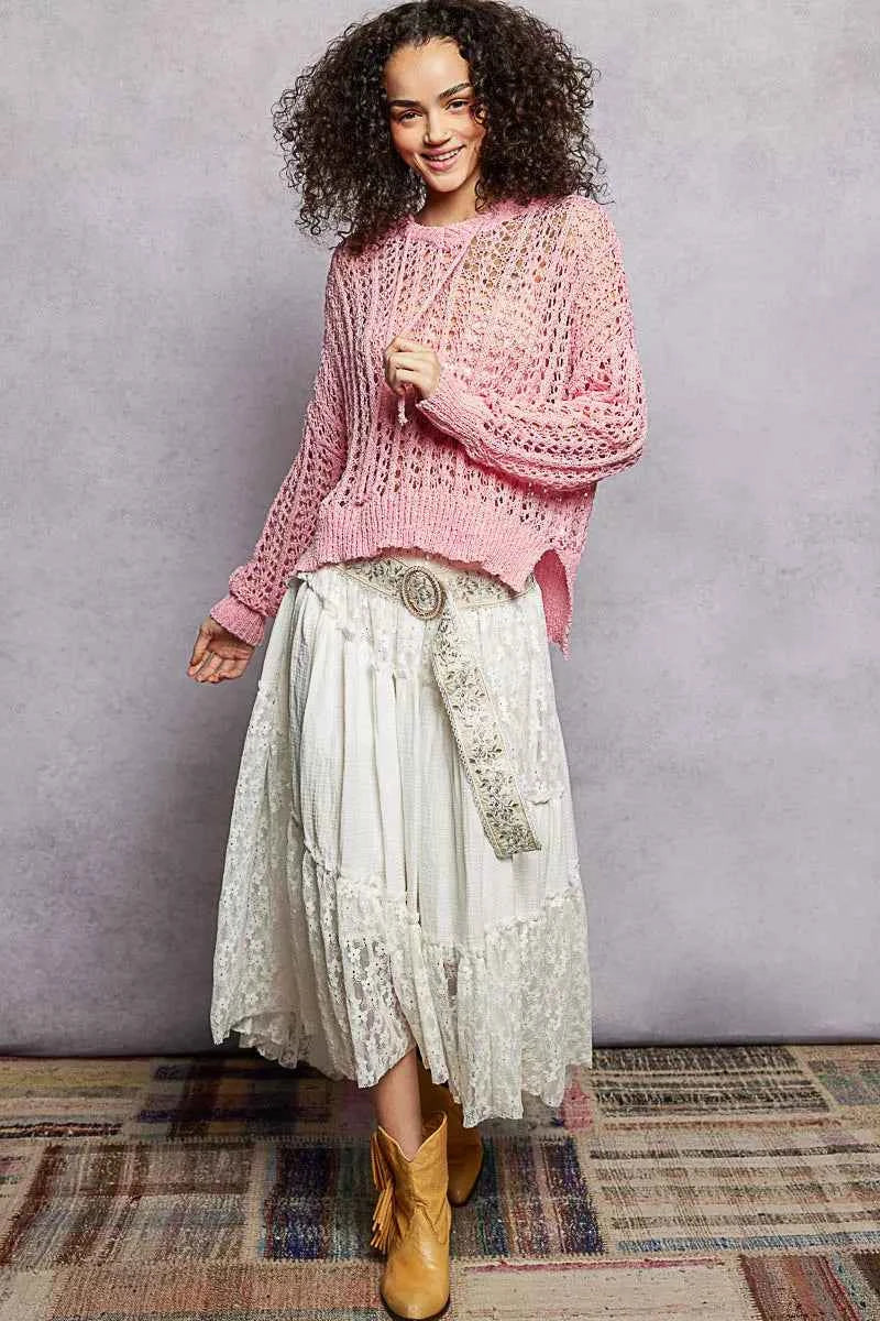 POL Openwork Round Neck High Low Knit Top