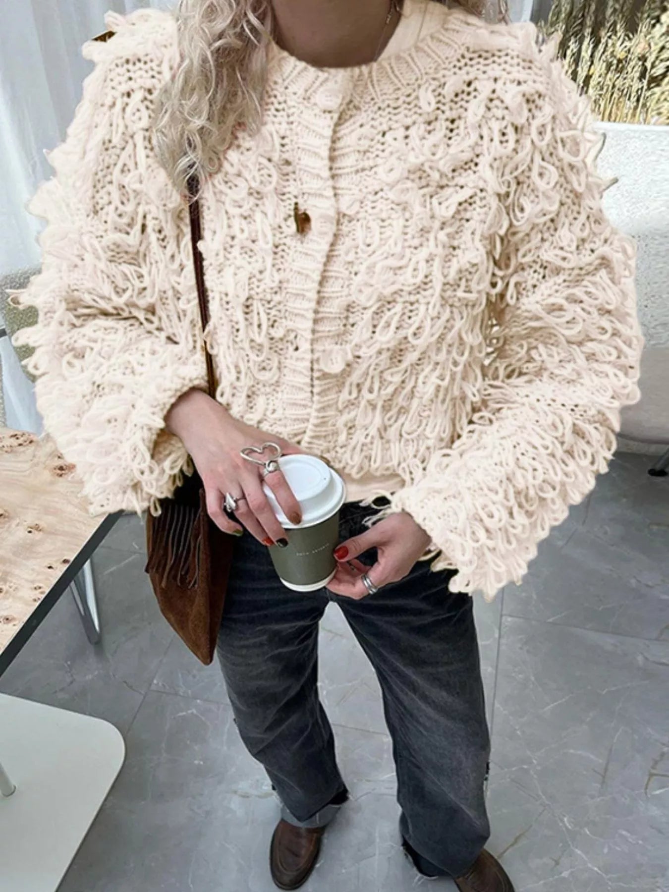 Sarah Express Women's Fringe Button Up Cardigan