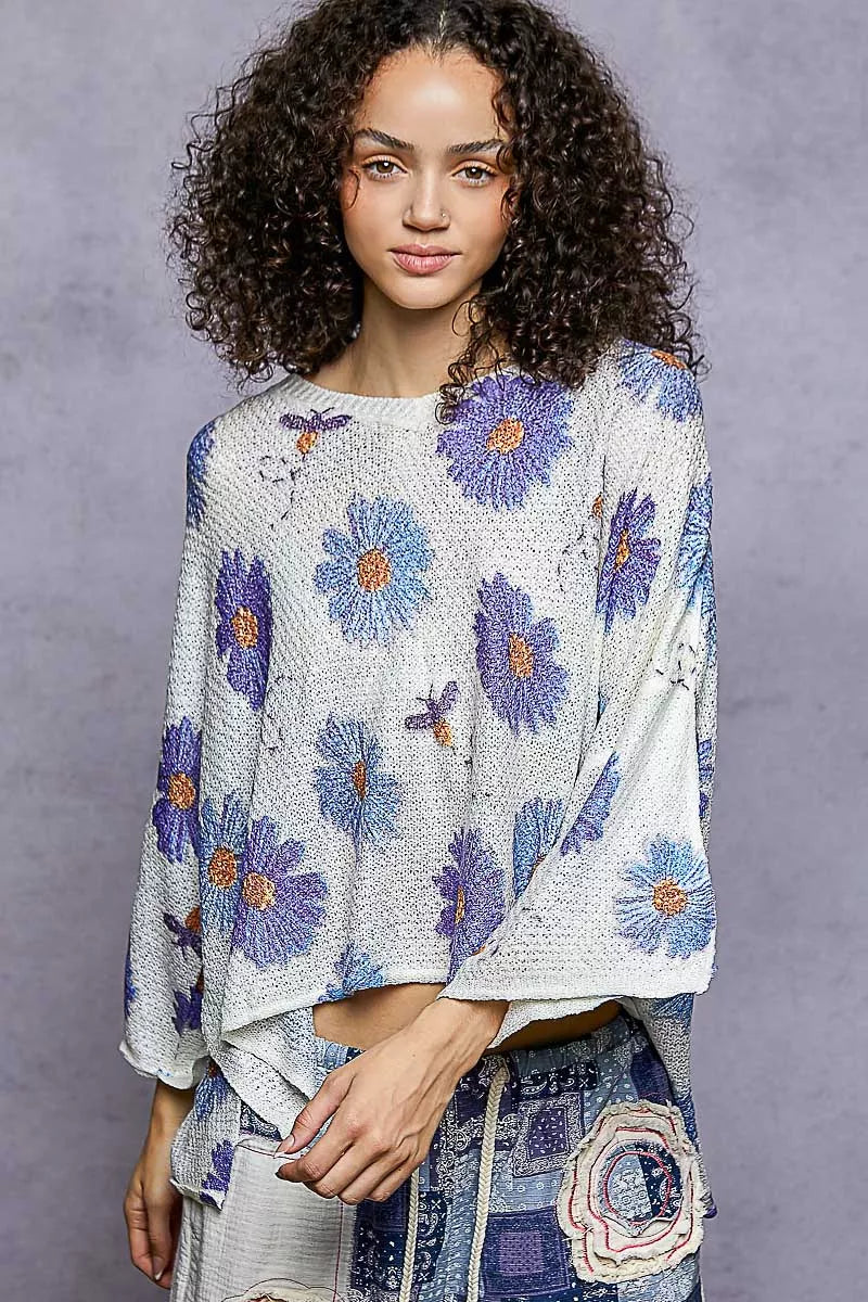 Sarah Express Women's Floral Round Neck Sweater with Rolling Edge Detail IVORY