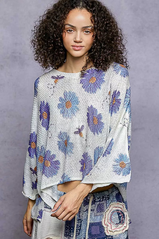 Sarah Express Women's Floral Round Neck Sweater with Rolling Edge Detail IVORY