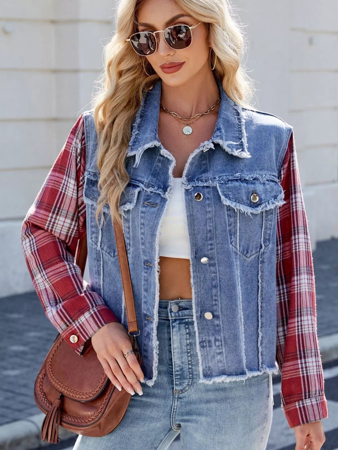 Sarah Express Women's Raw Hem Plaid Sleeve Denim Jacket