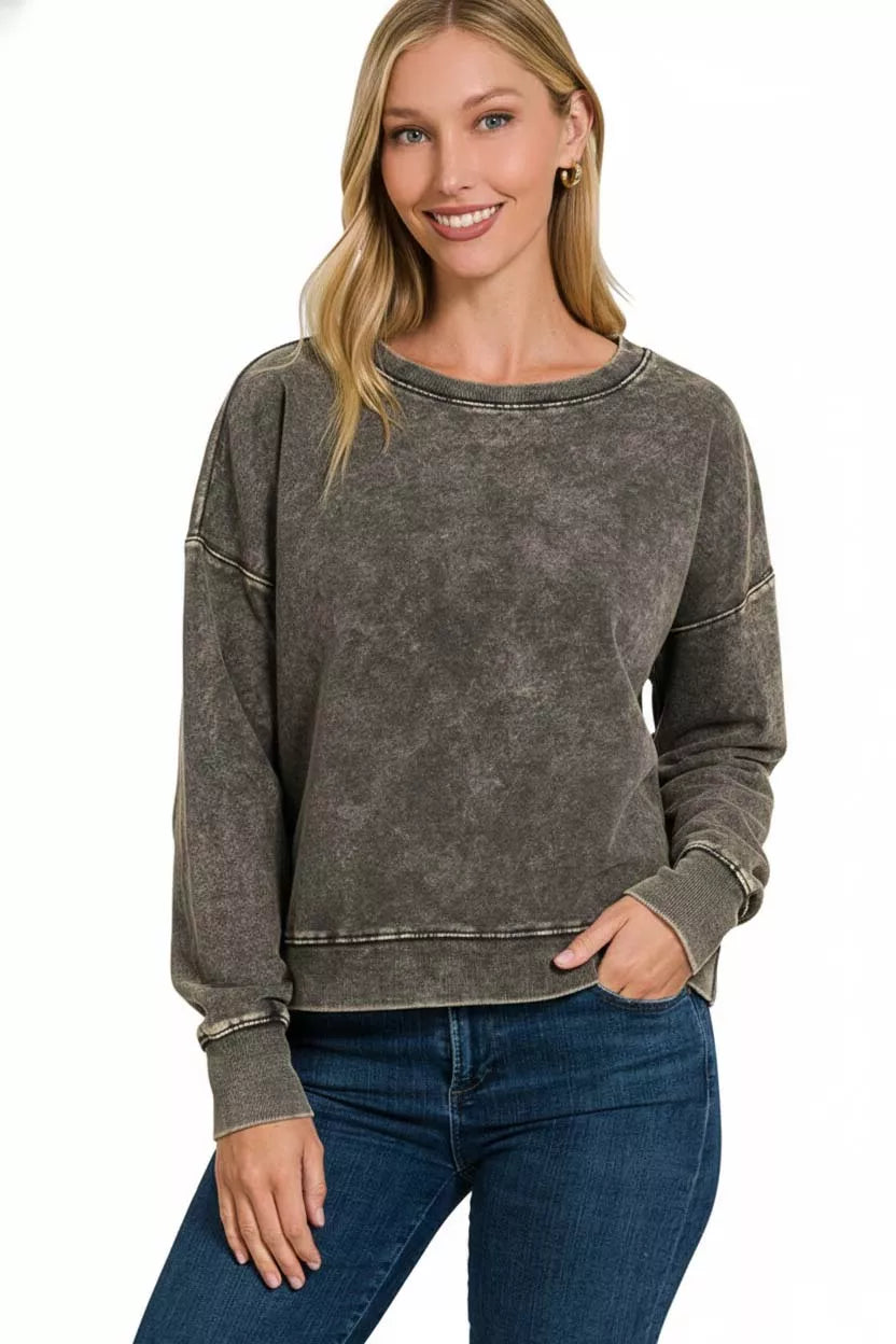 Sarah Express Women's French Terry Acid Wash Boat Neck Sweatshirt